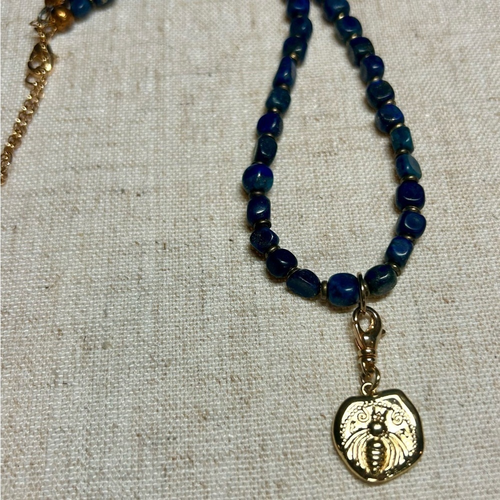 Lapis Blue Beaded Bee Charm Necklace - Boho Statement Jewelry